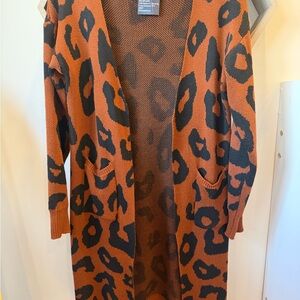 Rust Leopard Print Open-Front Knit Cardigan Sweater